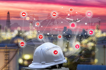 Wall Mural - Smart refinery factory and wireless communication network, oil and gas industry petrochemical plant, Internet of Things concept  of fast or instant shipping, Online goods orders worldwide, Business Lo