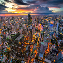 Aerial View Of Bangkok Buildings, Bangkok City Downtown With Sunset Sky, Transaction Beautiful Road Top View At Night Traffic