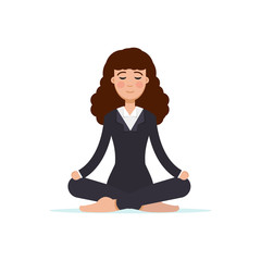 Office worker  meditating, sitting in lotus pose.  Business Woman meditation concept. Vector illustration.