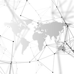 black world map with chemistry pattern, connecting lines and dots. molecule structure on white. scie