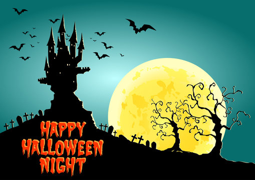 Happy Halloween, Haunted Castle at full moon night, vector illustration