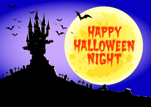 Happy Halloween, Haunted Castle at full moon night, vector illustration