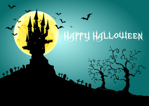 Happy Halloween, Haunted Castle at full moon night, vector illustration