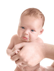 Canvas Print - Father holding cute newborn on white background