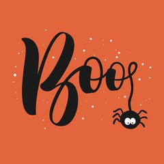 Hanging word Boo text with spider. Happy Halloween greeting card.