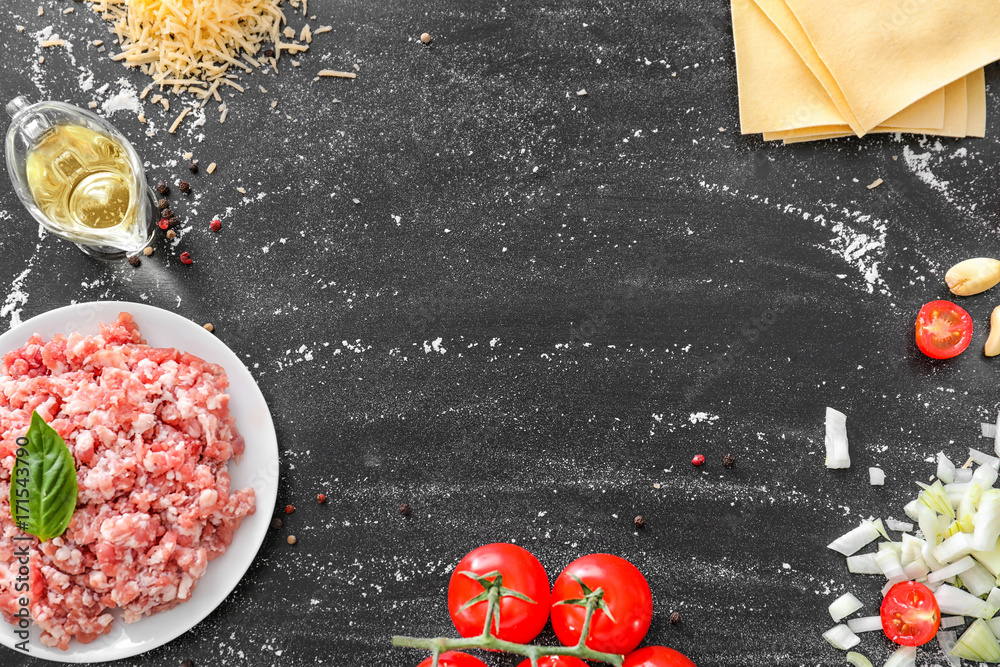 Ingredients for cooking meat lasagna on table, top view