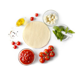 Sticker - Composition with green fresh organic basil and ingredients for pizza isolated on white