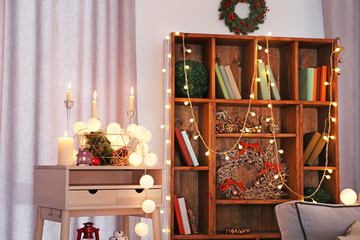 Wall Mural - Beautiful holiday decorated room with Christmas lights