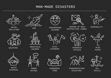 Vector Set Of Thin Line Icons Of Man-made Disasters, Anthropogenic Hazards On Black Background.