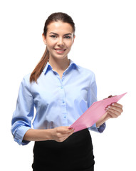 Wall Mural - Young female receptionist holding clipboard, isolated on white