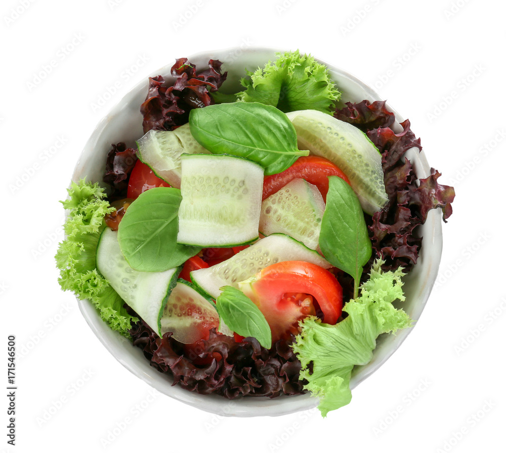 Fresh vegetable salad with cucumbers in bowl, isolated on white