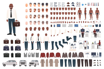 businessman or office worker creation kit. collection of flat male cartoon character body parts, fac