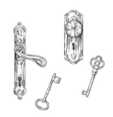 Wall Mural - Door handles and keys, retro style