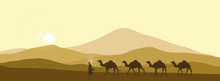 The Brown Silhouette Of The Caravan In The Desert. Camels In The Sands. African Landscape