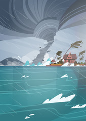 Wall Mural - Twister Tornado Incoming From Sea Hurricane In Ocean Huge Waves On Houses On Coast Tropical Natural Disaster Concept Flat Vector Illustration