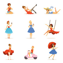 Beautiful Retro Girls Characters Set, Young Women Wearing Dresses In Retro Style Colorful Vector Illustrations
