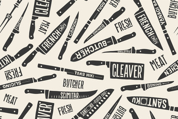 Seamless pattern and background of meat cutting butcher knives. Creative graphic pattern with hand drawn illustrations for butcher shop, farmer market. Vintage typographic. Vector illustration