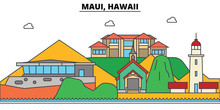 Maui, Hawaii. City Skyline, Architecture, Buildings, Streets, Silhouette, Landscape, Panorama, Landmarks. Editable Strokes. Flat Design Line Vector Illustration Concept. Isolated Icons