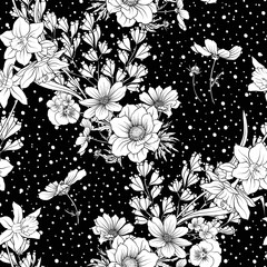 Seamless pattern with poppy flowers daffodil, anemone, violet in botanical vintage style. White dots on black background. Stock line vector illustration.