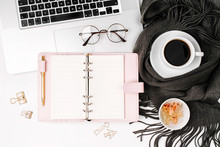 Workspace With Laptop, Open Planner Mockup, Coffee Cup Wrapped In Scarf,  Glasses. Stylish Office Desk. Autumn Or Winter Concept.  Flat Lay, Top View