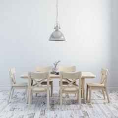 Wall Mural - 3d render of clean interior with wood table and chairs