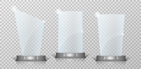 empty crystal glass trophy awards set. glossy transparent trophy for award on transparent background