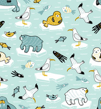 Vector Seamless Pattern With Polar Animals. Cute Surface Design For Fabric, Wrap Paper Or Wallpaper. 