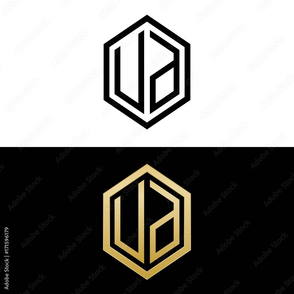 initial letters logo ud black and gold monogram hexagon shape vector ...