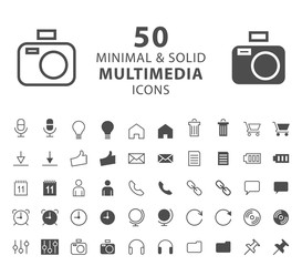 Poster - Set of 50 Multimedia Minimal and Solid Icons on White Background . Vector Isolated Elements