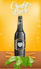 Wall Mural - Realistic beer products ad. Vector 3d illustration. Dark craft beer bottle template design