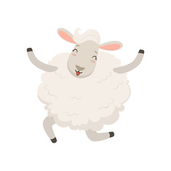 Wall Mural - Cute happy white sheep character jumping vector Illustration