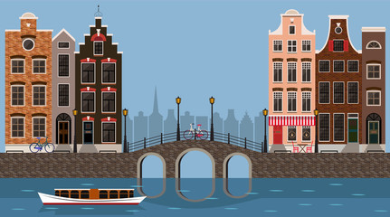 Amsterdam traditional houses view with bridge, canal and boat, old city center. Vector illustration, flat design template