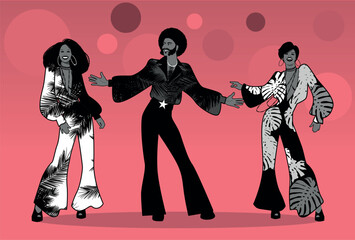 Wall Mural - Soul Party Time. Group of man and two girls dancing soul, funk or disco. Retro style.