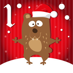 Christmas advent holiday calendar banner. Cute bear in Santa Claus hat, snowflakes on red gradient background with stars. Cartoon style. Vector illustration