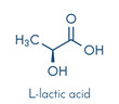 Lactic acid (L-lactic acid) milk sugar molecule. Building block of polylactic acid (PLA) bioplastic. Found in milk. Skeletal formula.