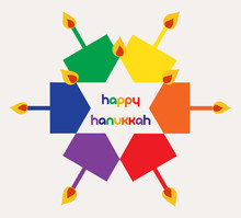 Vector - Colorful Happy Hanukkah Jewish Holiday Greeting Card With Dreidels Spinning Tops And Candles