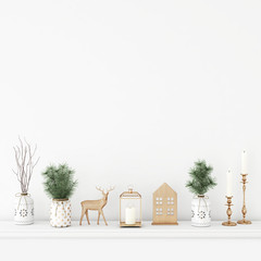 Poster - Empty white wall mock up with pine branches in vases, wooden deer, candles and lantern. 3D rendering.