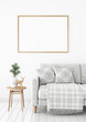 Horizontal poster mock up with wooden frame on the wall in christmas livingroom interior. 3D rendering.
