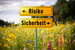 Weggabelung: Entscheidung zwischen Risiko und Sicherheit (Schilder vor Feld mit Wildblumen)