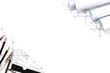 © PPstock - Abstract engineering drawings background with blank for your word. Construction plan tools with empty space on desk.