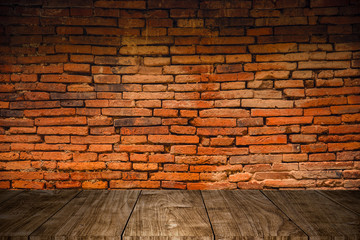  old grunge wood foreground with old brick wall background design for display products