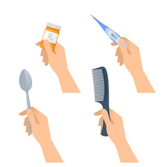 Wall Mural - Human hands hold spoon, digital thermometer, pill container, hair comb. Flat illustration of male and female hands with various medical and health care objects. Vector design element isolated on white