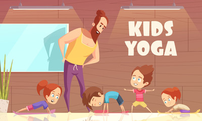 Poster - Kids Yoga Training Vector Illustration