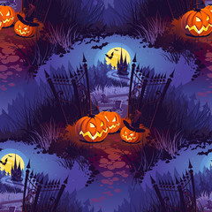Seamless Halloween Pattern with Pumpkins on light background.