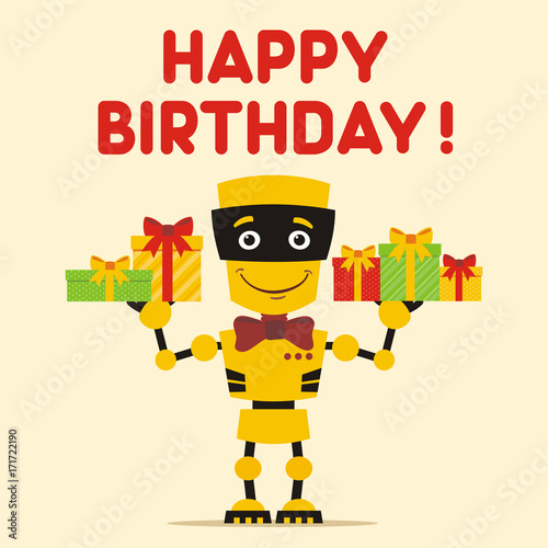 Happy Birthday Funny Yellow Robot With Birthday Gifts In Hands