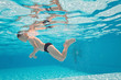 © biotin - Happy small boy swim underwater, has fun and dive in the blue transparent water of clear pool. Swimming classes and water safety education. Family vacation, weekend with kids