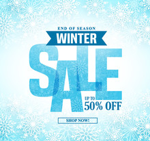 Winter Sale Vector Banner Design With Blue Sale Text In White Snow Background For End Of Season Shopping Promotion. Vector Illustration.
