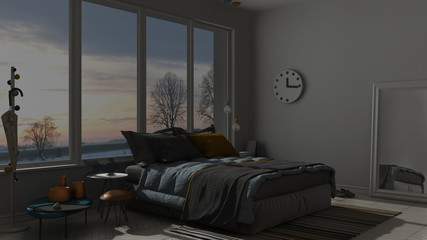 Wall Mural - Colored modern blue and orange bedroom with big panoramic window, sunset, sunrise, night scene architecture minimalist interior design