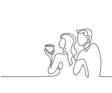 Continuous Line Drawing. Young Couple Drinking Coffee. Vector Illustration