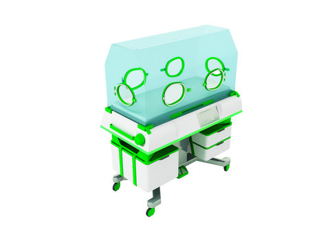Concept of incubator for children white green 3d rendering on white background no shadow